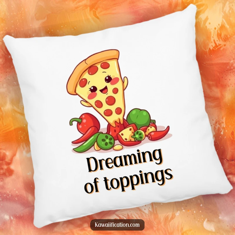 Funny pillow showcasing a giggling pizza slice character slipping on a scattered pepper, designed for comfort and a dose of culinary humor.