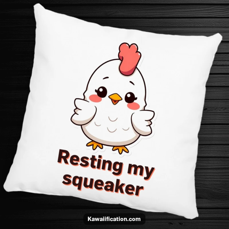 Funny Pillow featuring a slightly flattened rubber chicken with a huge smile, designed to bring comfort and a lighthearted atmosphere.