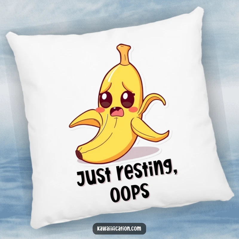 Funny startled banana peel slipping on itself with wide eyes, soft decorative pillow featuring a comical cartoon fall, great funny gift.