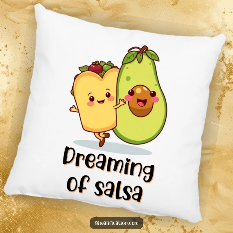 Funny pillow featuring a happy taco dancing with a large, smiling avocado, perfect for adding a touch of humor and comfort to a sofa.
