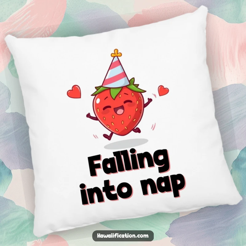 Funny pillow featuring a plump strawberry in a party hat tripping, adding a touch of humorous comfort.