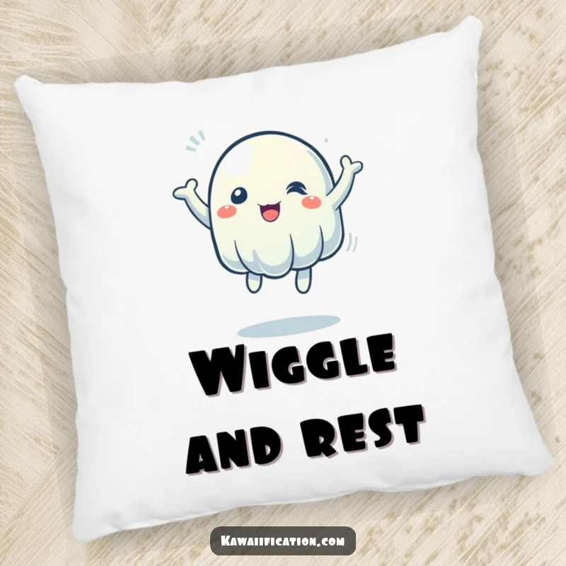 Funny Pillow: A soft, wobbly jelly character captured mid-bounce, radiating vibrant energy and playful charm. A cozy and funny gift.
