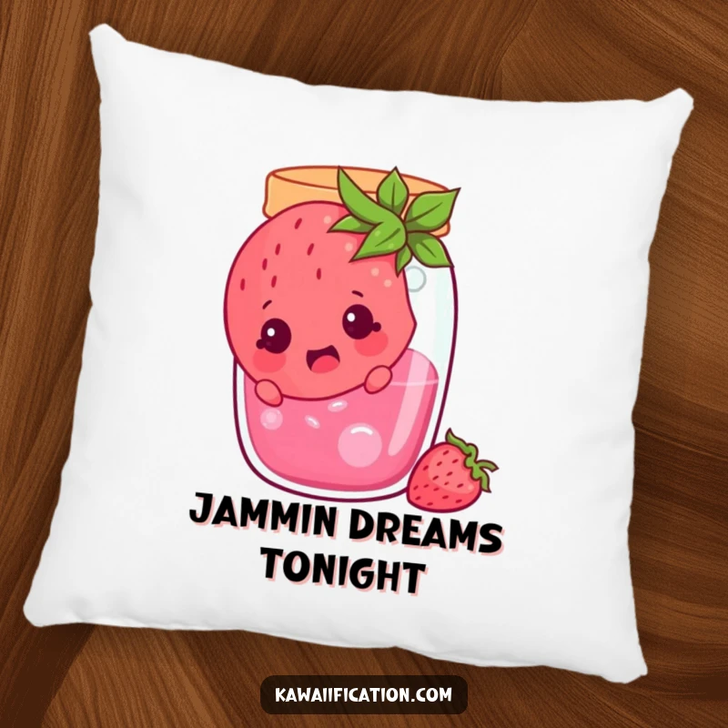Funny cheerful strawberry stuck in a jam jar, looking surprised, a plush pillow featuring a comical fruit character, great funny gift.