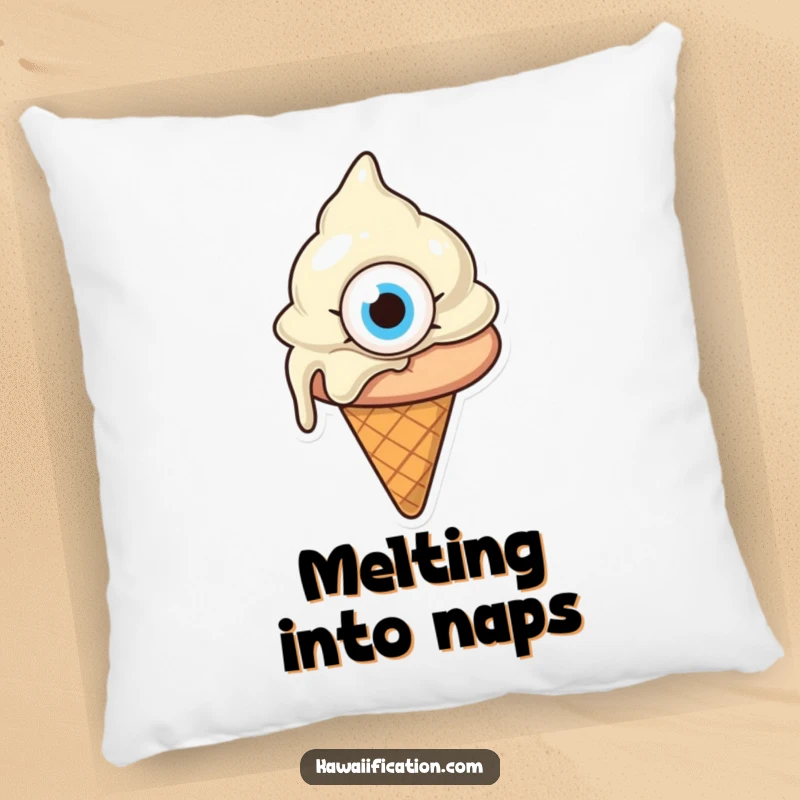 Funny melting ice cream cone with one giant eye, looking confused, a plush pillow featuring a bewildered cartoon dessert, great funny gift.