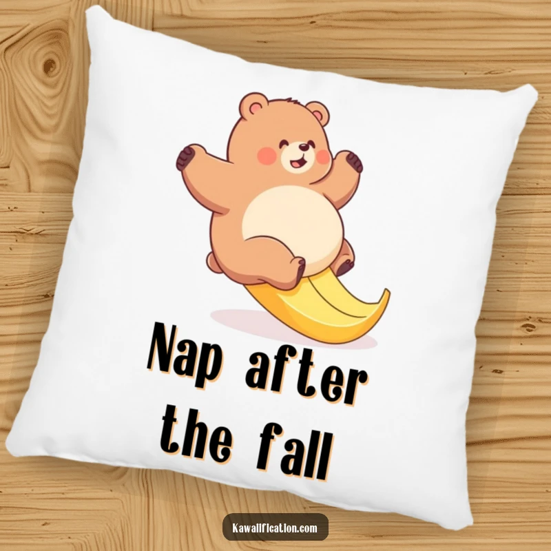 Funny bear banana slip pillow, soft and comfortable, depicting a plump bear's comical struggle on a slippery banana peel.