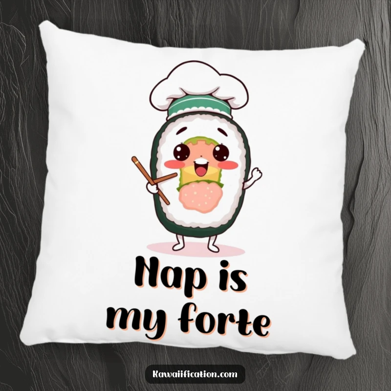 Funny pillow featuring a cheerful sushi roll in a chef hat, comically juggling chopsticks, adding a humorous touch to relaxation.