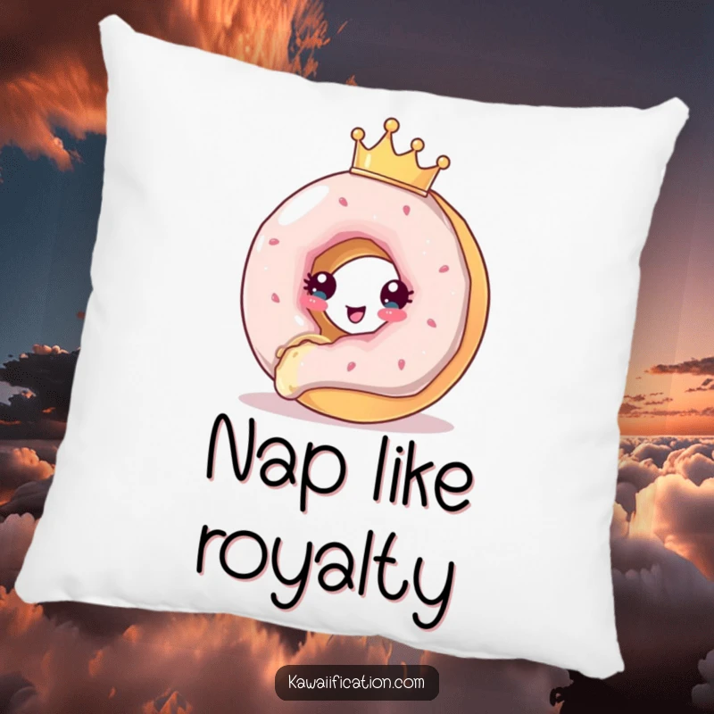 Funny Pillow featuring a crowned donut in a comical escape attempt from a bite, offering comfort and a lighthearted feel.