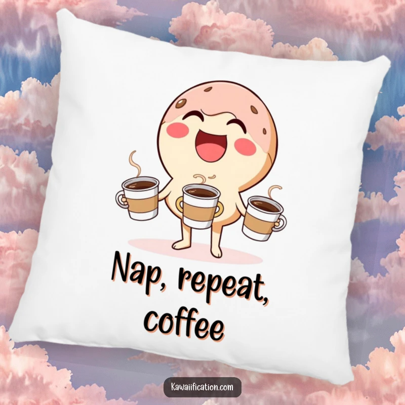 Funny pillow showcasing a laughing donut character humorously juggling tiny coffee cups, offering comfort and sweet comedic flair.