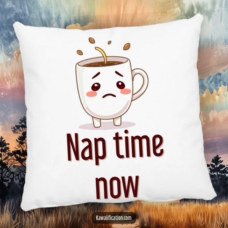 Funny pillow featuring a confused coffee cup character hilariously trying to pour itself, bringing comfort and humor to any seating area.