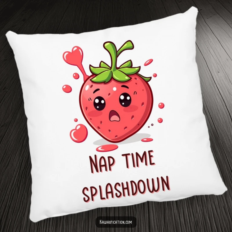 Funny Strawberry Surprise Pillow cushion featuring a surprised strawberry character with juice splattering in a funny shape, a comfy and humorous accent.