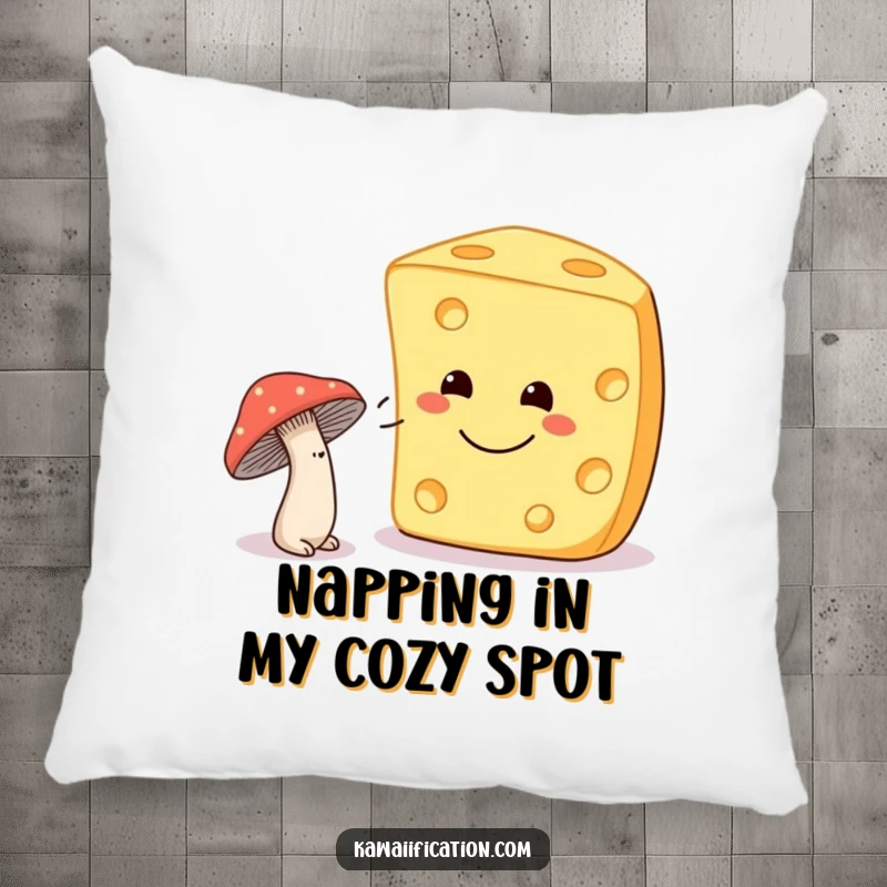Funny shy mushroom winking at a smiling cheese on a soft pillow, perfect for adding cute comfort and humor.
