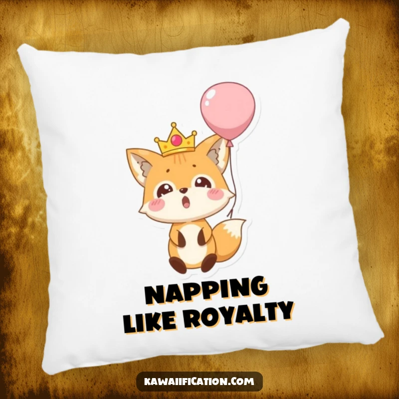 Funny pillow showcasing a surprised fox character wearing a tiny crown, falling out of a balloon, designed for comfort and a dose of royal humor.