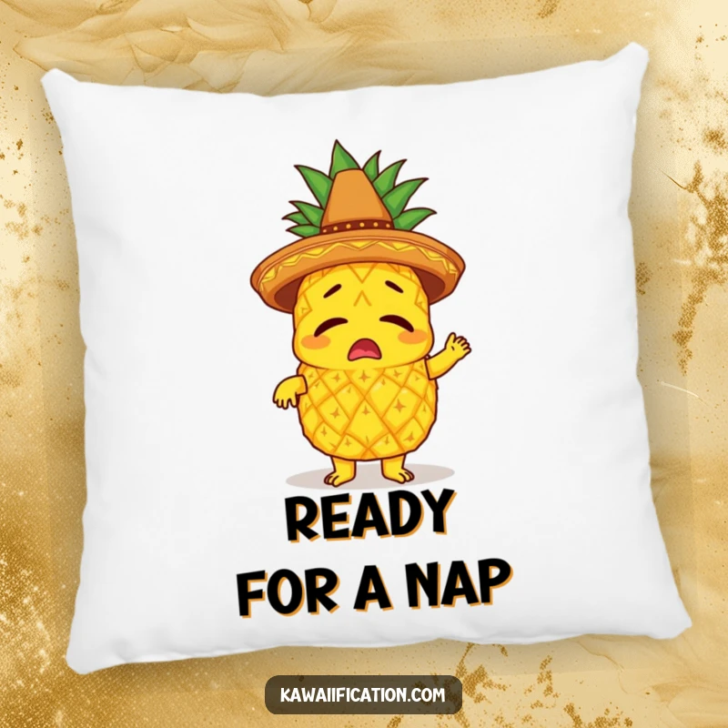 Funny pillow featuring a bewildered pineapple character in a sombrero, comically attempting to limbo, adding cozy humor.