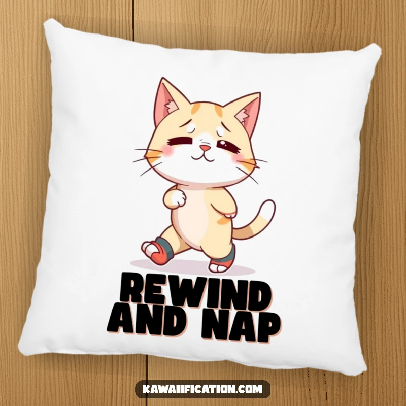 Funny pillow showcasing a confused cat humorously wearing mismatched socks and trying to walk backward, offering comfort and comedy.