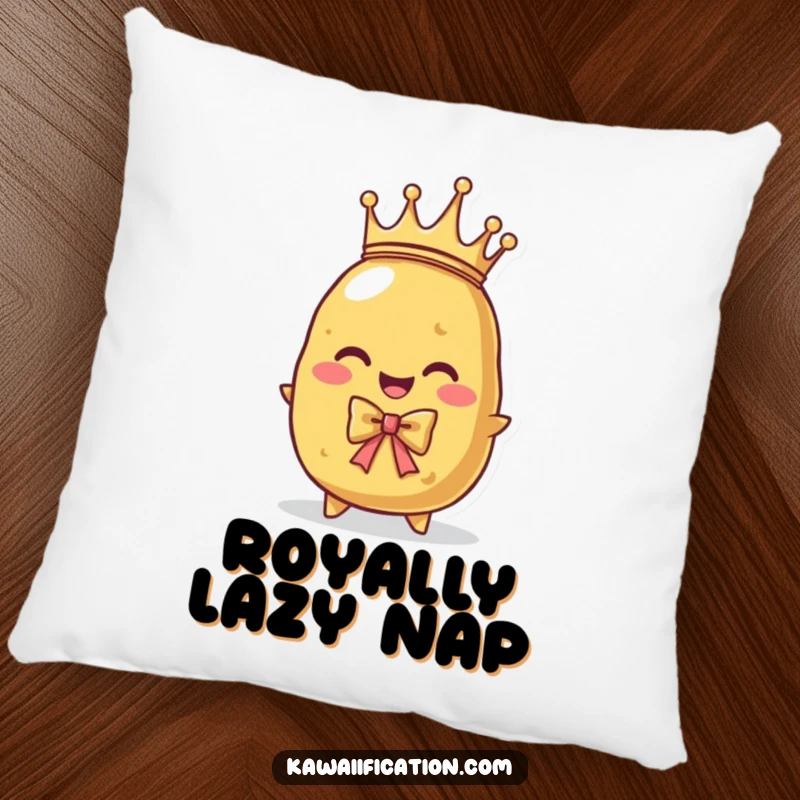 Funny decorative pillow with a proud potato character wearing a tiny crown, bowing regally. Cozy and majestic.