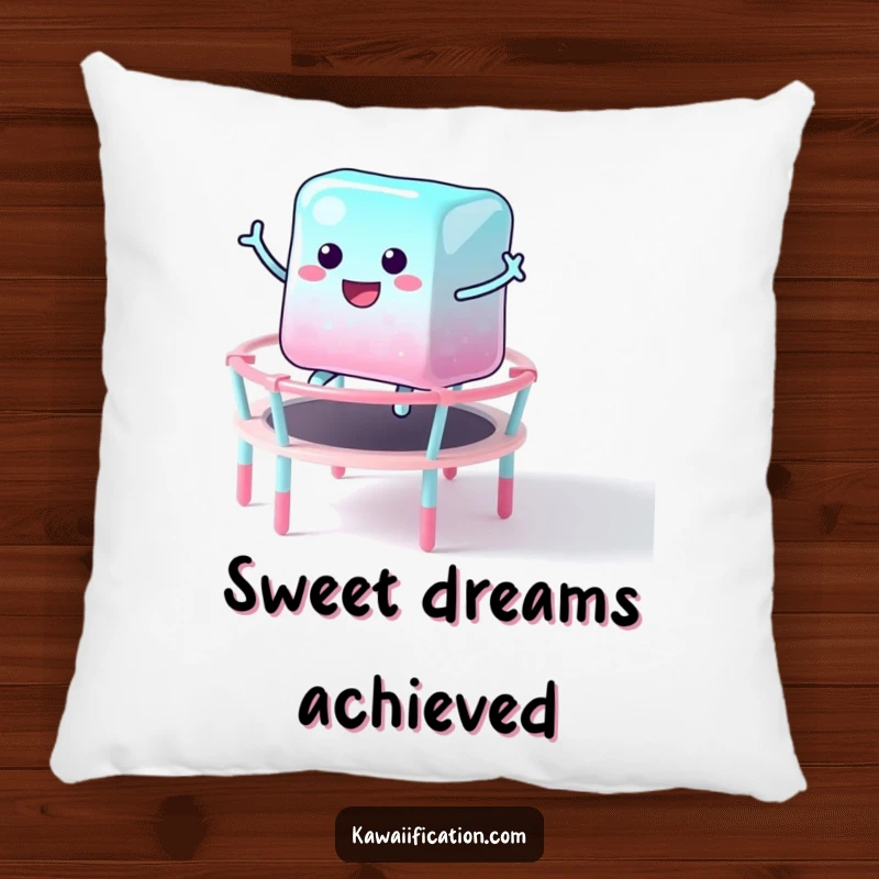 Funny pillow showcasing a cheerful jelly cube character mid-bounce on a candy trampoline, offering comfort and a splash of sweet, funny joy.