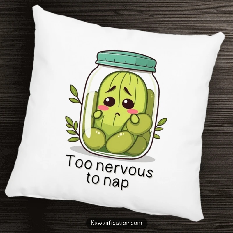 Funny nervous pickle pillow trying to hide in a jar of olives, cozy comfort for relatable feelings, perfect funny gift.