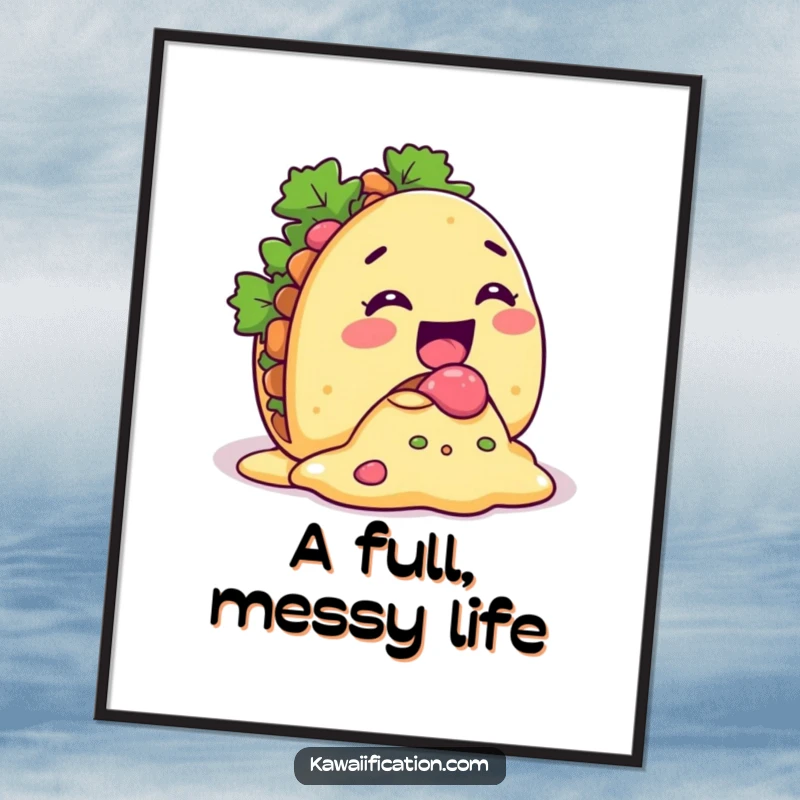 Funny Taco Spill Digital Art piece showing a giggling taco character with its filling comically spilling out, for instant cheerful decor.