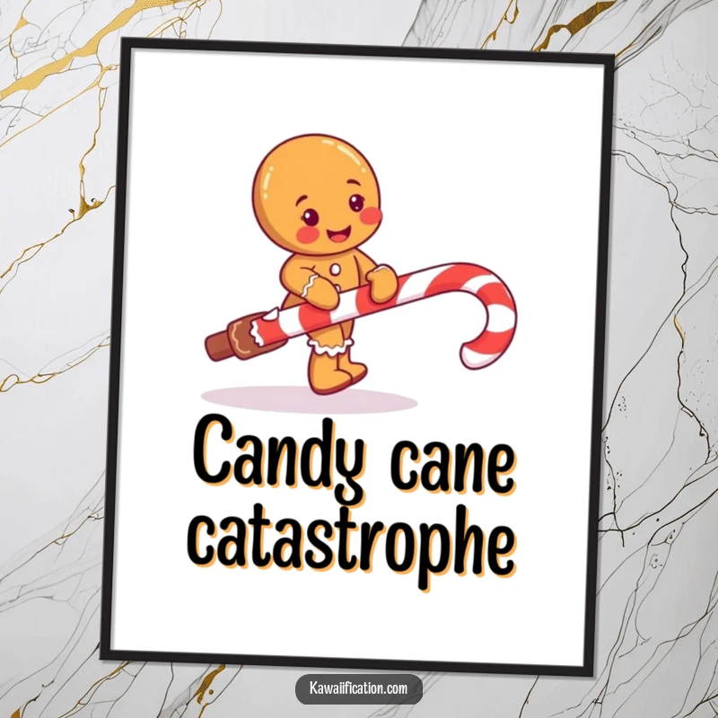Funny digital art print of a mischievous gingerbread man character comically tripping over a giant candy cane.