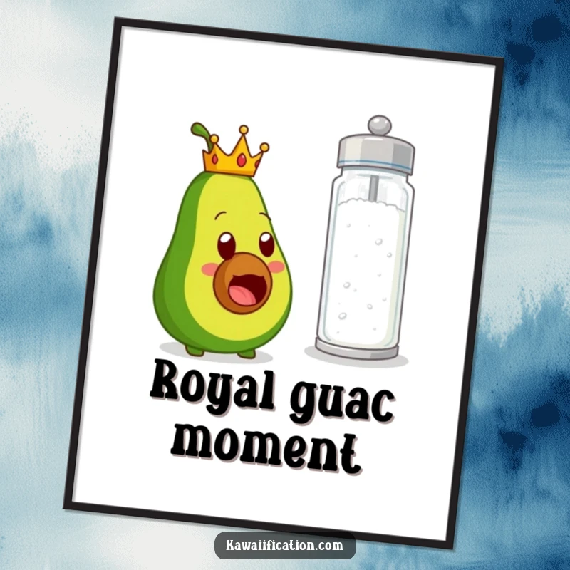 Funny digital art print depicting a crowned avocado character’s comically shocked reaction to an enormous salt shaker, creating a humorous and artistic wall display.