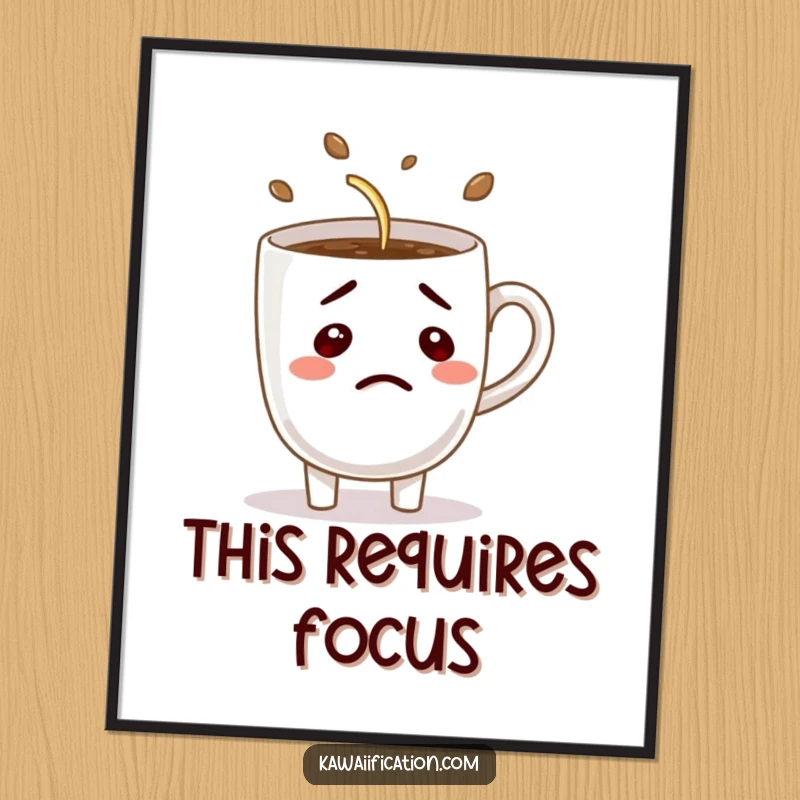 Funny digital art print of a confused coffee cup character comically trying to pour itself, creating humorous and relatable wall decor.