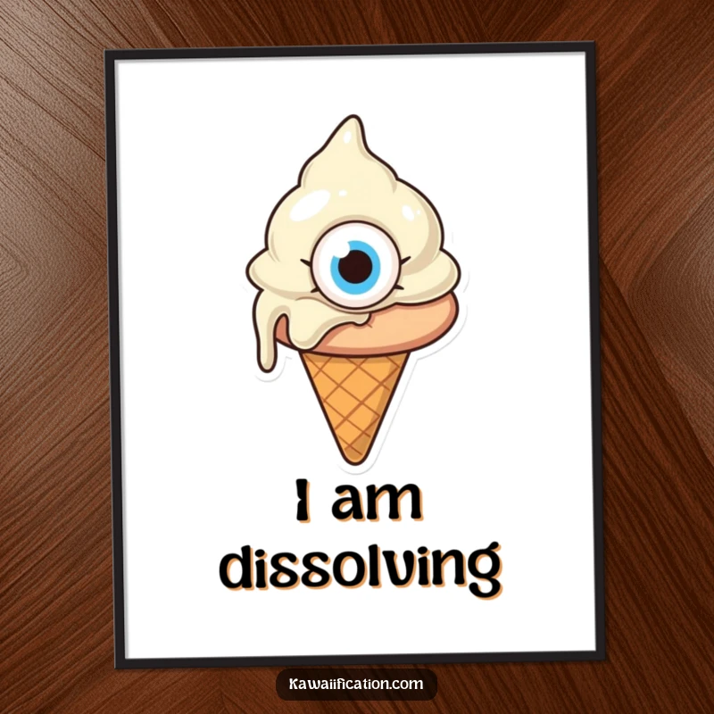 Funny melting ice cream cone with one giant eye, looking confused, high-resolution digital art of a quirky cartoon, ideal for a funny gift.
