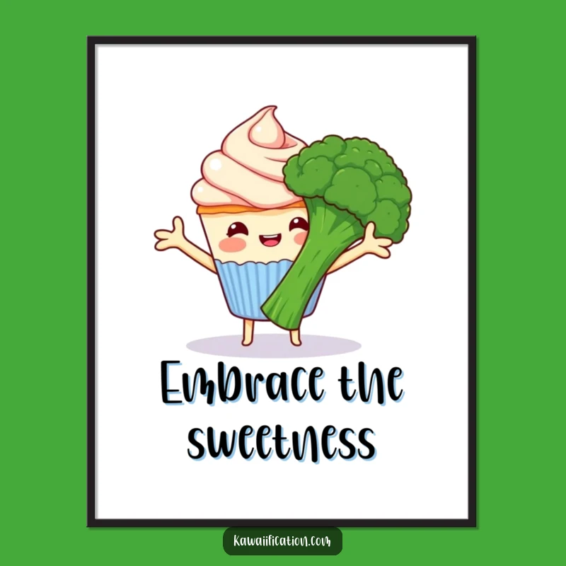 Funny Cupcake Hugs Broccoli Digital Art - Instant Cartoon Charm Gift!