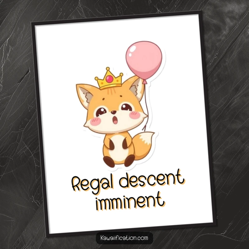 Funny digital art print of a surprised fox wearing a tiny crown, falling out of a balloon, bringing whimsical joy to any space.