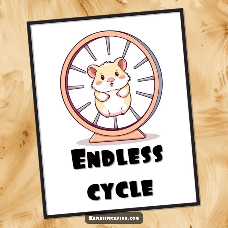 Funny Digital Art of a hamster stuck in a giant, spinning wheel, symbolizing the endless cycle and pressures of life.