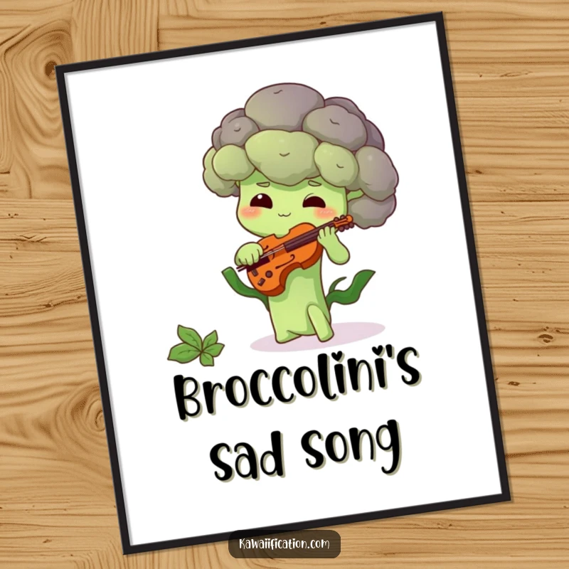 Funny digital art print of a shy broccoli floret playing a tiny violin, capturing quiet humor and artistry.
