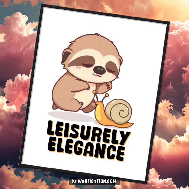 Funny digital art print of a sleepy sloth humorously competing in a slow race against a speedy snail.