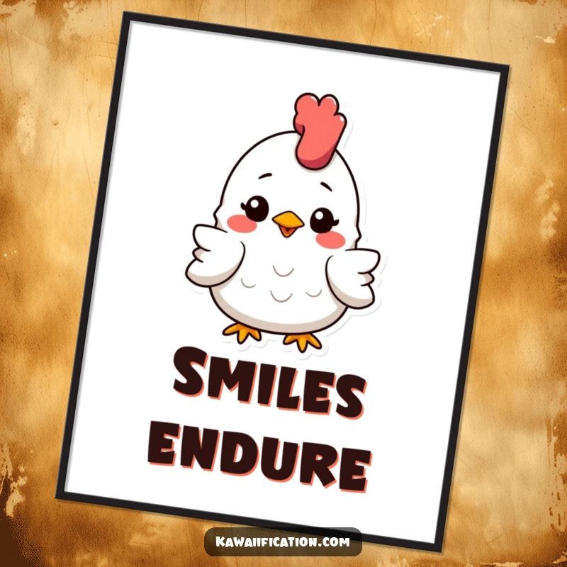 Funny Digital Art print of a slightly squashed rubber chicken with a big smile, bringing playful and absurd humor to any space.