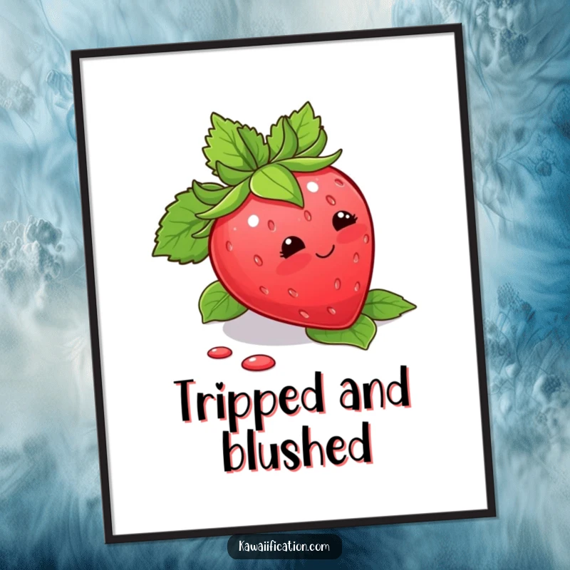 Funny Digital Art Print of a blushing strawberry tripping over its leaves, offering instant cute humor.