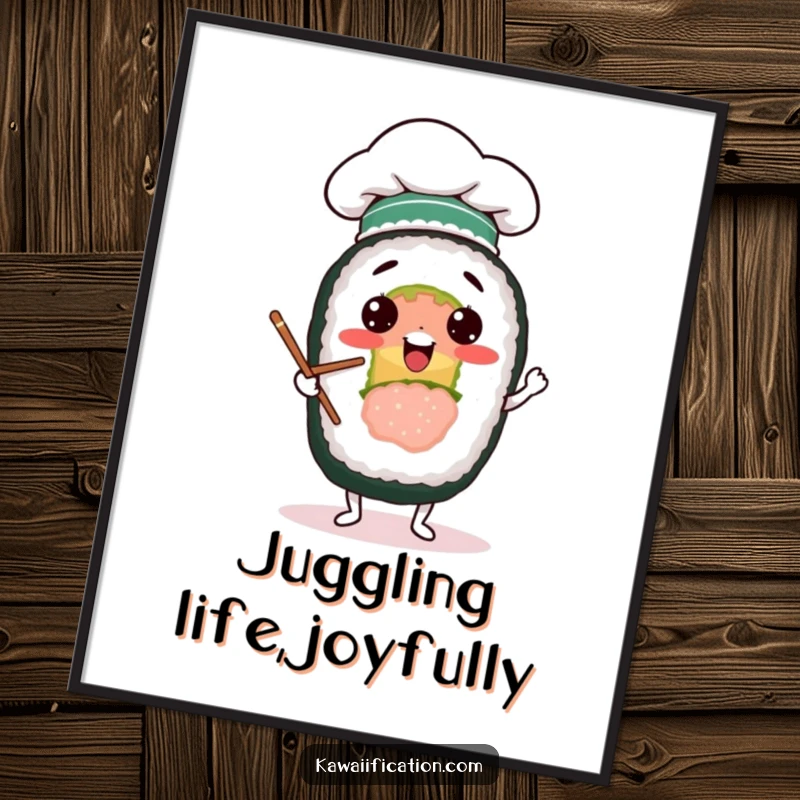 Funny digital art print of a cheerful sushi roll character wearing a chef hat, comically juggling chopsticks, full of playful energy.