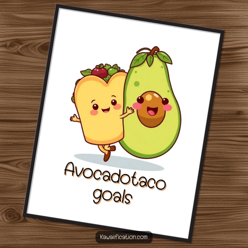 Funny digital art print of a happy taco waltzing with a giant smiling avocado, offering humorous and delightful wall decoration.