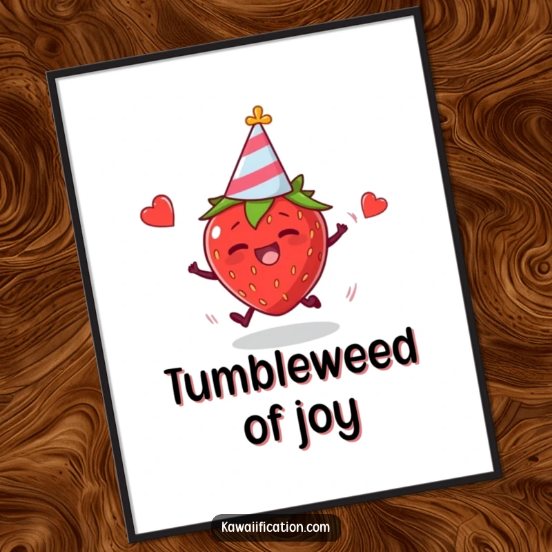 Funny digital art print of a plump strawberry in a party hat tripping hilariously, capturing pure comedic fruit fun.