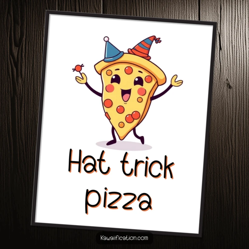 Funny digital art print of a pizza slice character juggling slices, each with a tiny hat, creating festive and humorous wall decor.