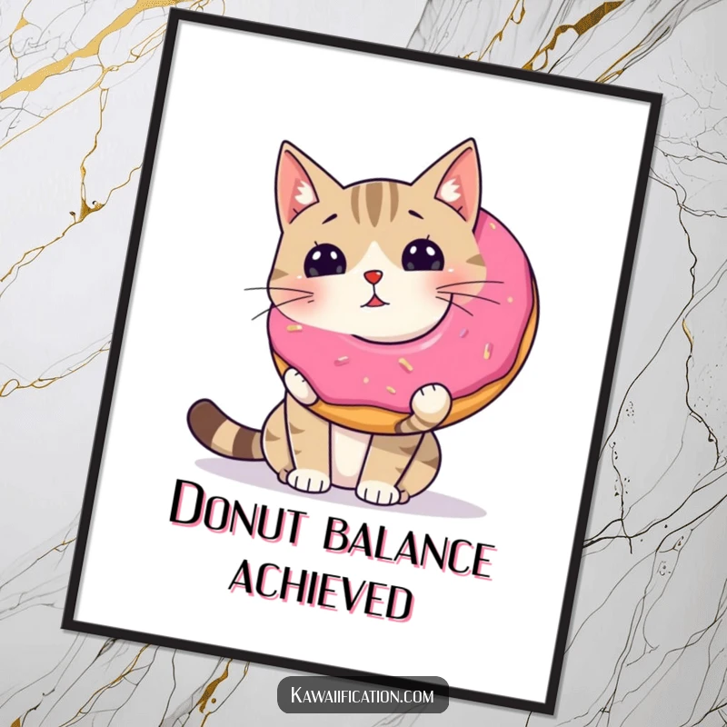 Funny wobbly cat attempting to balance a giant donut on its nose, available as a high-resolution digital art print.
