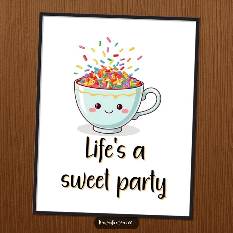 Funny digital art print of a cheerful teacup spilling vibrant, dancing sprinkles, perfect for adding instant joy and color.