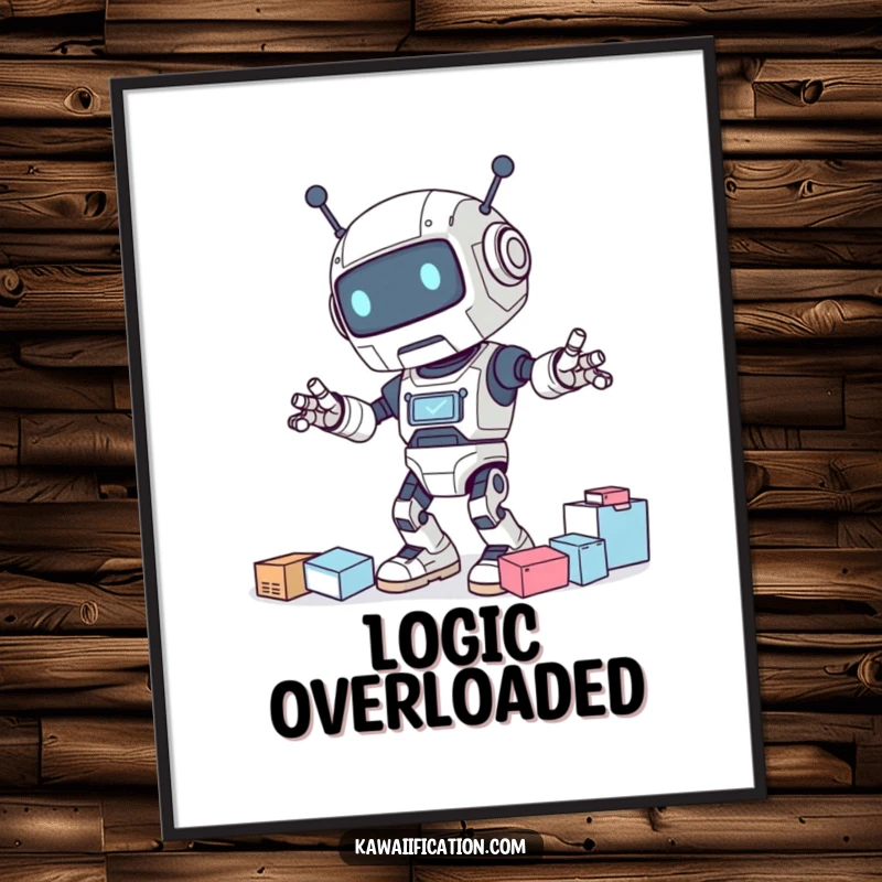 Funny digital art print depicting a clumsy robot character in a humorous pose, knocking over supplies during a dance attempt.