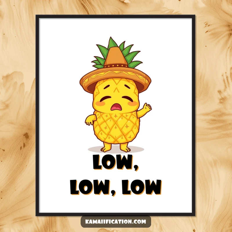 Funny digital art print of a bewildered pineapple character wearing a tiny sombrero, comically attempting to limbo, full of humor.