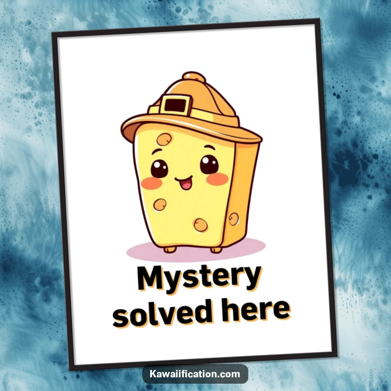 Funny cheese slice in a detective hat, depicted as a digital art print, humorous and witty.