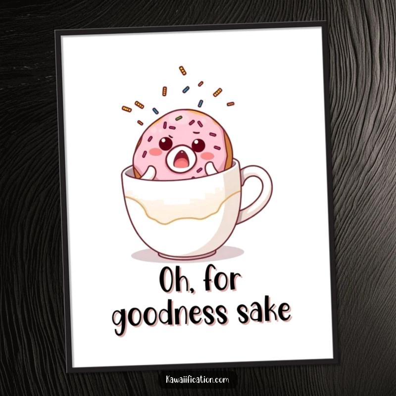 Funny digital art print of a surprised donut character with sprinkles flying, comically falling off a giant coffee cup, full of humor.