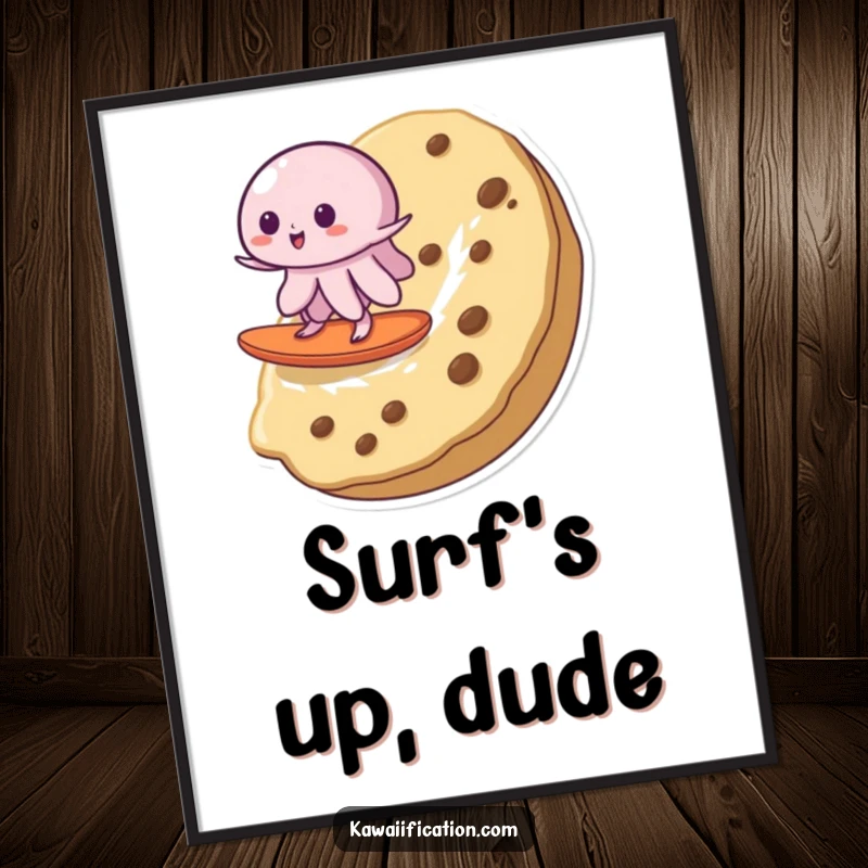 Funny digital art print of a wobbly jelly riding a giant cookie through a sweet, comical ocean, perfect for immediate humorous wall decor.