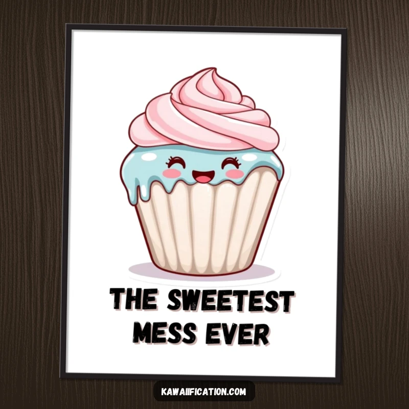 Funny digital art print of a happy cupcake character with frosting dripping down its side, downloadable art for sweet moments.