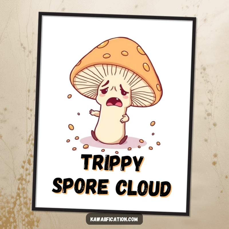 Funny nervous mushroom character tripping over its own cap, scattering spores, available as a high-resolution digital art print.