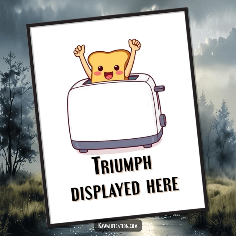 Funny cheerful toast leaping from a toaster with arms raised in triumph, as downloadable wall art.