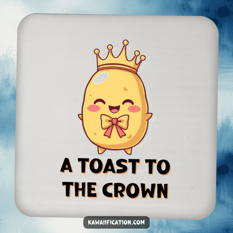 Funny drink coaster with a proud potato character wearing a tiny crown, bowing regally. Protects surfaces with royal flair.