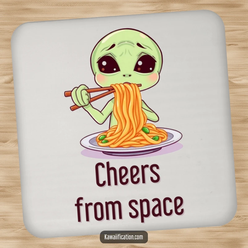 Funny Drink Coaster featuring a confused alien attempting to eat spaghetti with chopsticks, adding a humorous and cosmic touch to drink protection.