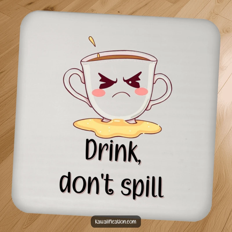 Funny drink coaster showing a grumpy teacup spilling its contents with a humorous wink, perfect for table protection.